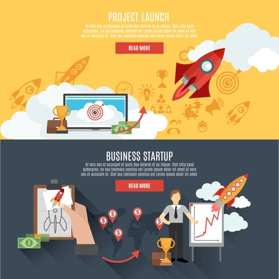 Business startup project launch two horizontal banners webpage interactive design with rocket flat abstract isolated vector illustration