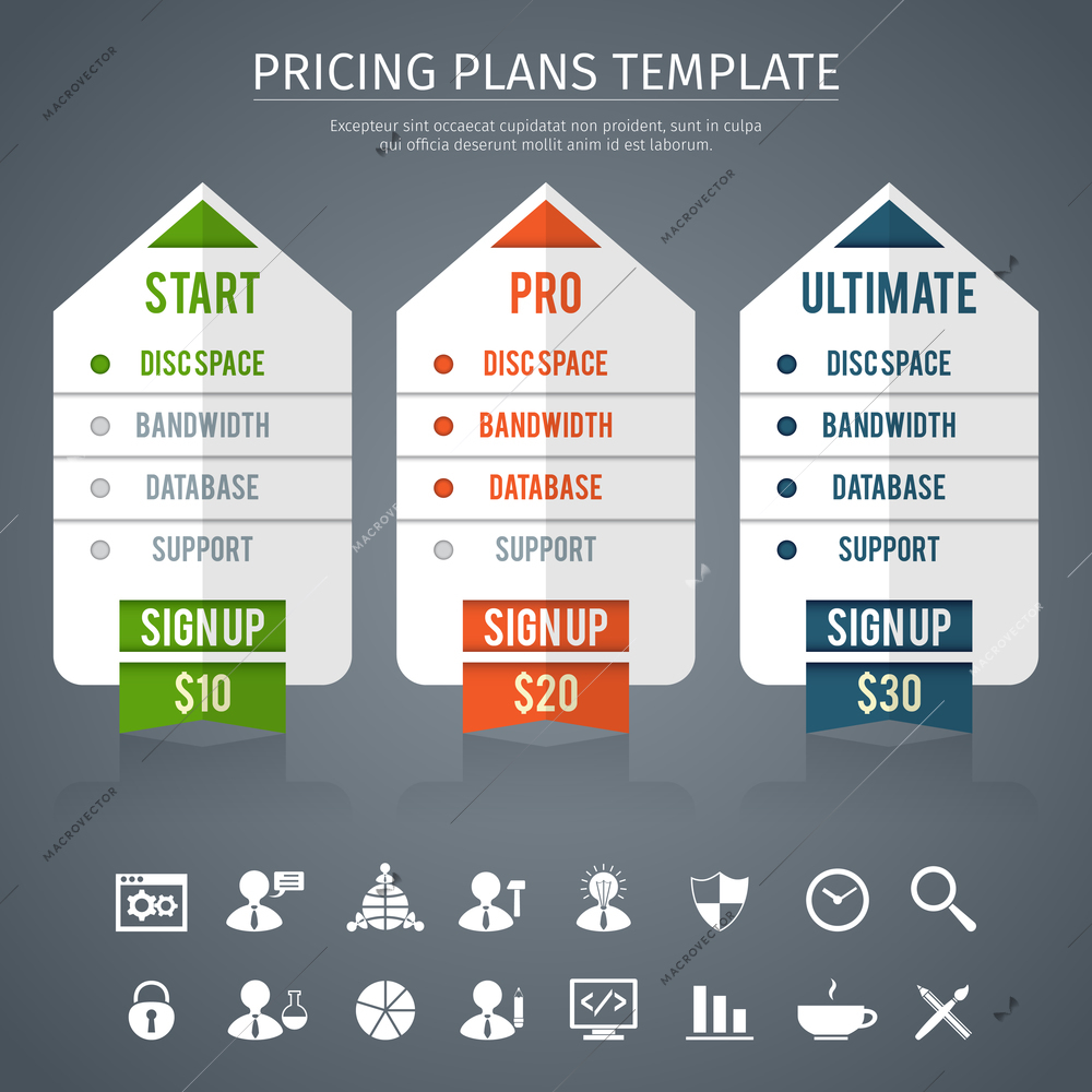 Pricing plan template with start pro and ultimate  rates on grey background flat vector illustration