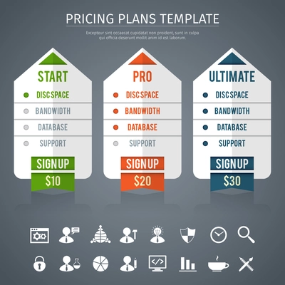 Pricing plan template with start pro and ultimate  rates on grey background flat vector illustration