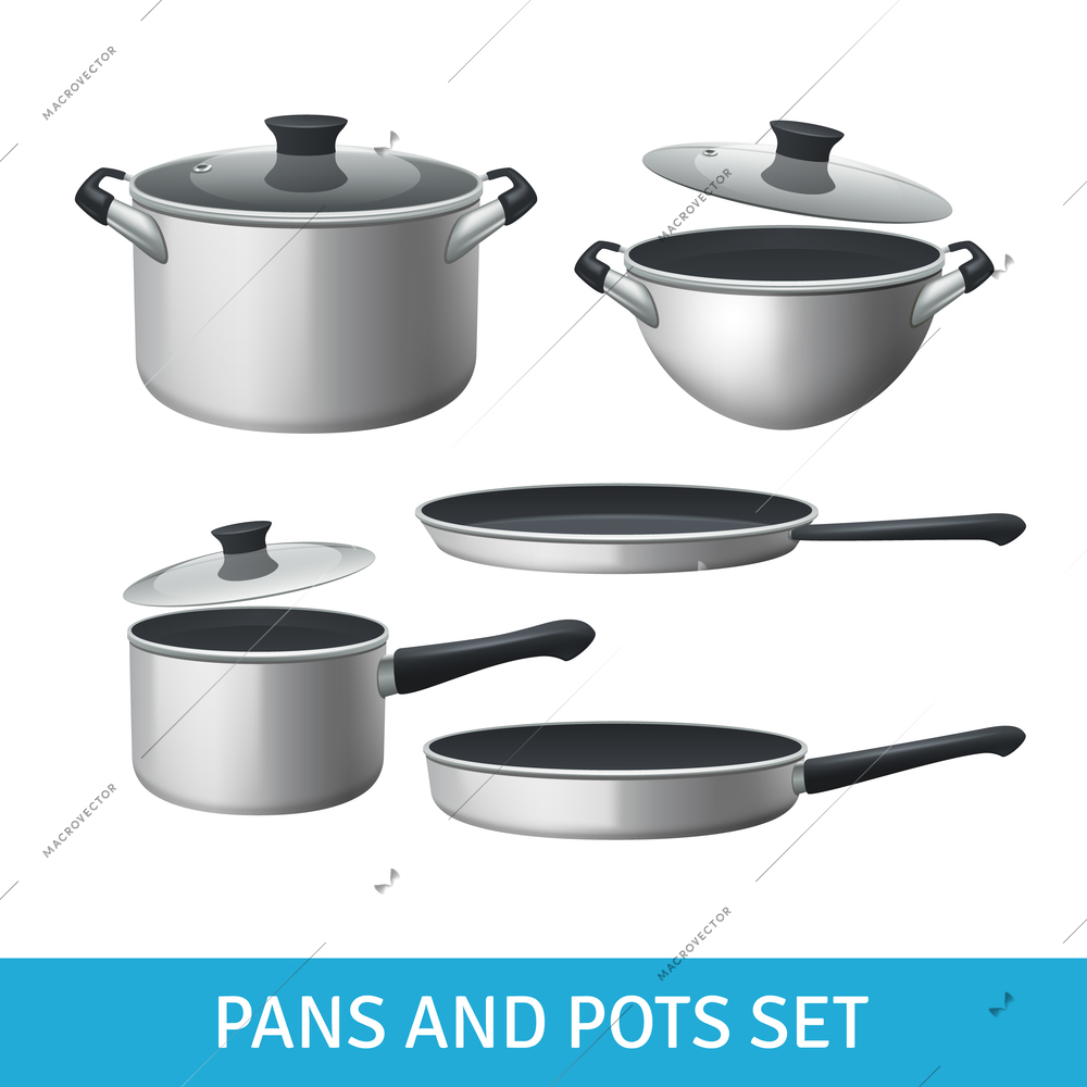 Pans and pots realistic set with frying pan saucepan and bowl isolated vector illustration