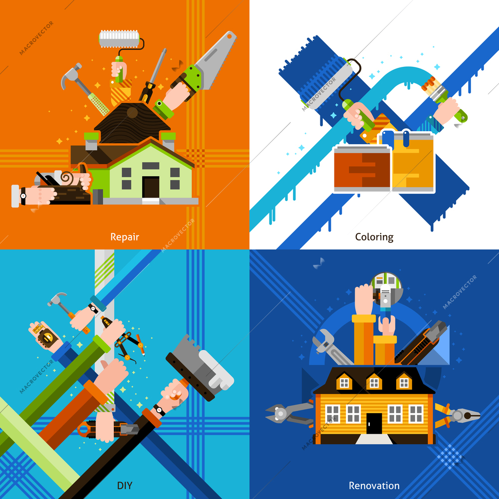 DIY design concept set with repair tools flat icons isolated vector illustration