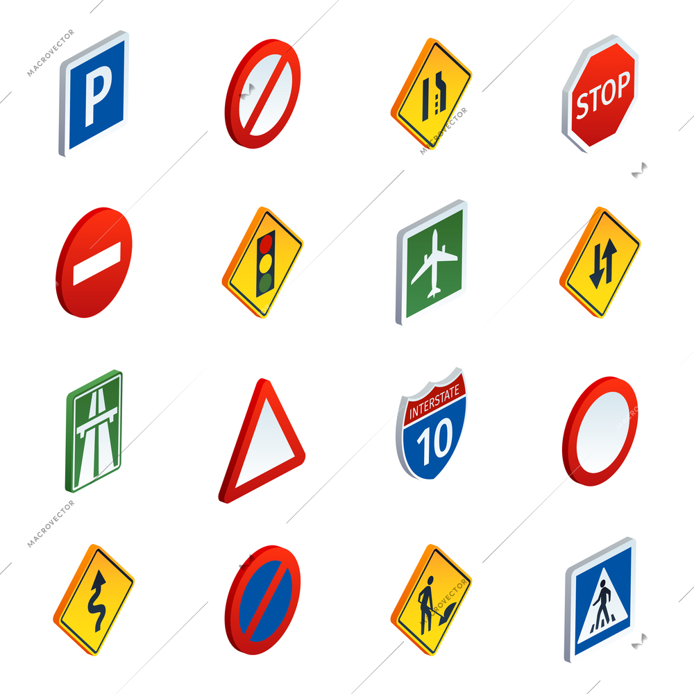 Common road traffic regulatory and warning signs symbols to learn  isometric icons set abstract vector illustration