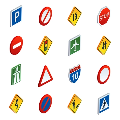 Common road traffic regulatory and warning signs symbols to learn  isometric icons set abstract vector illustration