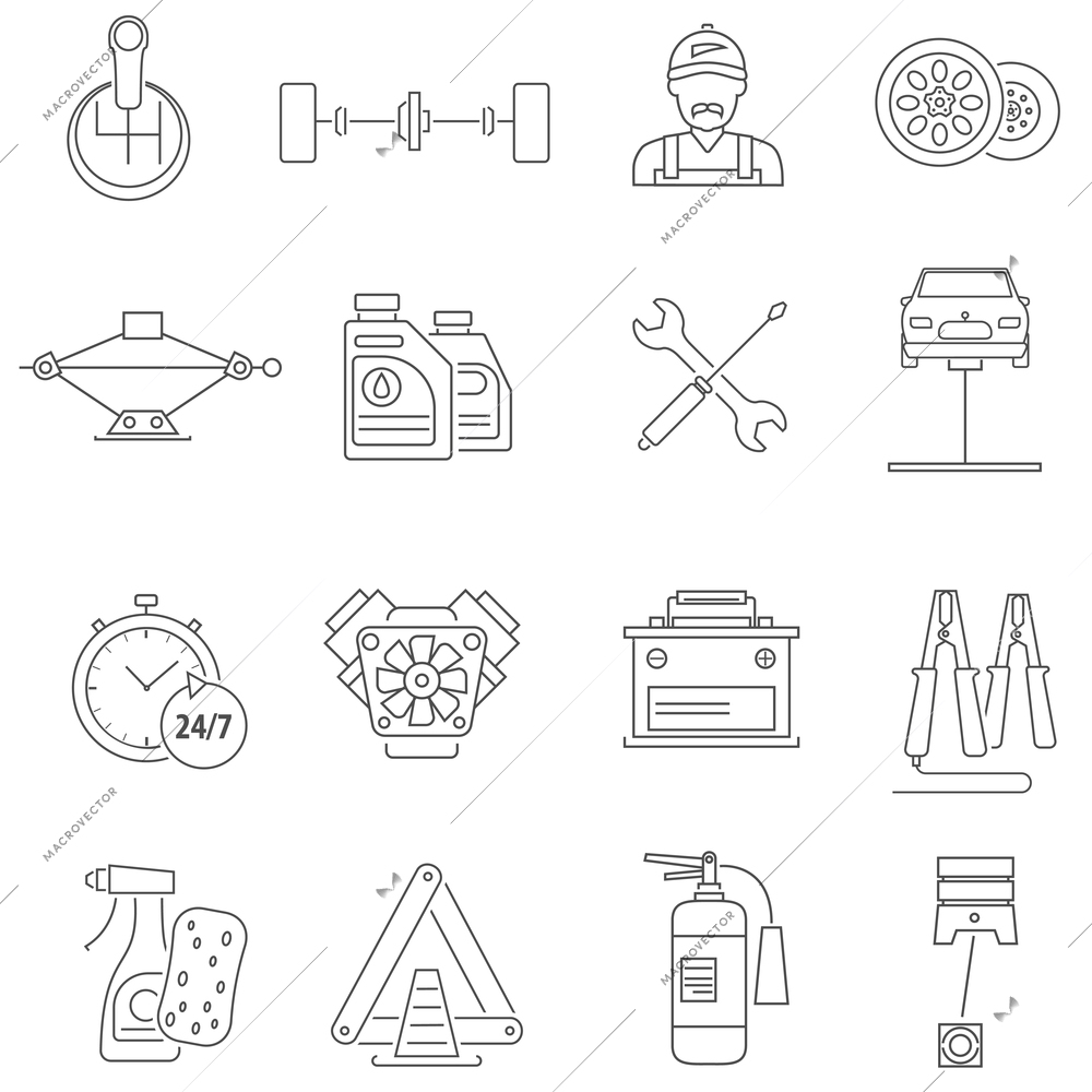 Car service icons line set with auto workshop symbols isolated vector illustration