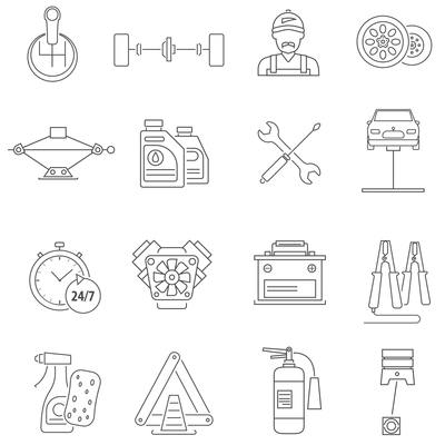 Car service icons line set with auto workshop symbols isolated vector illustration