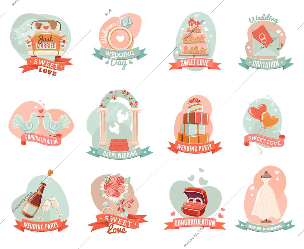 Nostalgic romantic marriage emblems stickers set for presents decoration and ceremony party invitation abstract isolated vector illustration