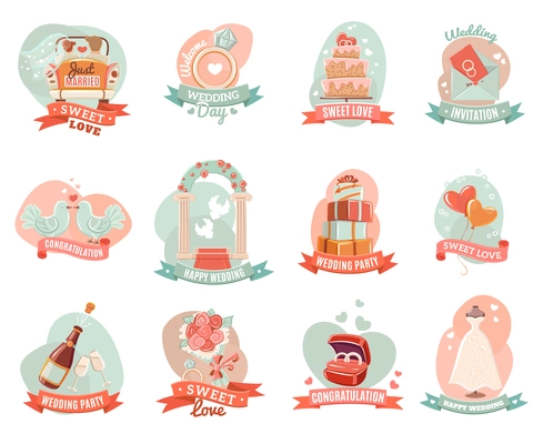 Nostalgic romantic marriage emblems stickers set for presents decoration and ceremony party invitation abstract isolated vector illustration