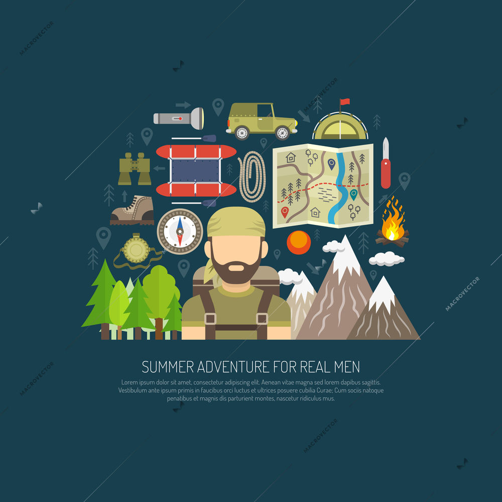 Tourism concept with flat hiking and travel icons  vector illustration