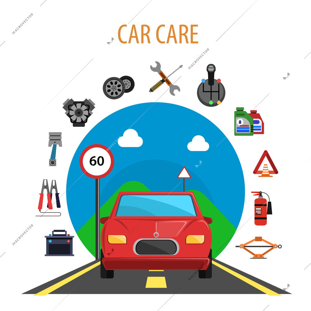 Car service concept with auto on the road and machine spare parts flat icons set vector illustration