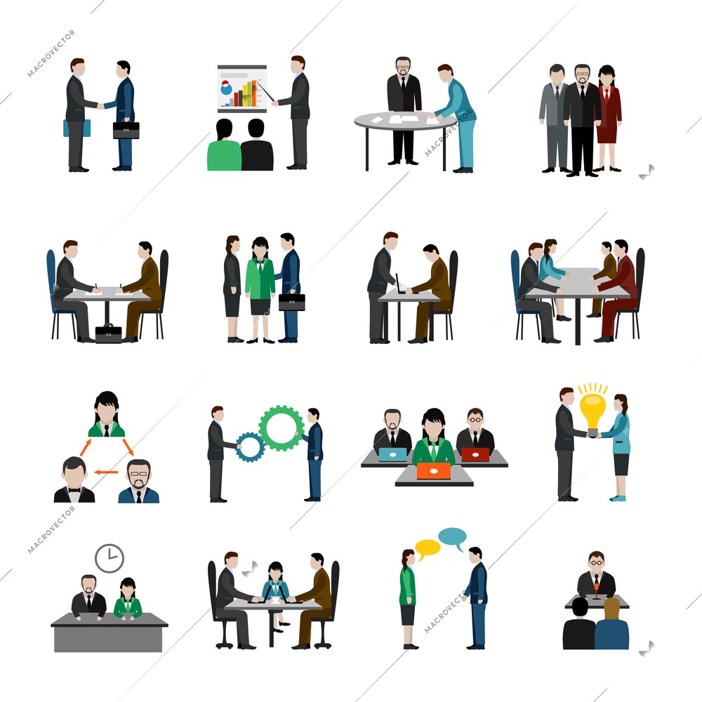 Teamwork icons set with business people characters isolated vector illustration