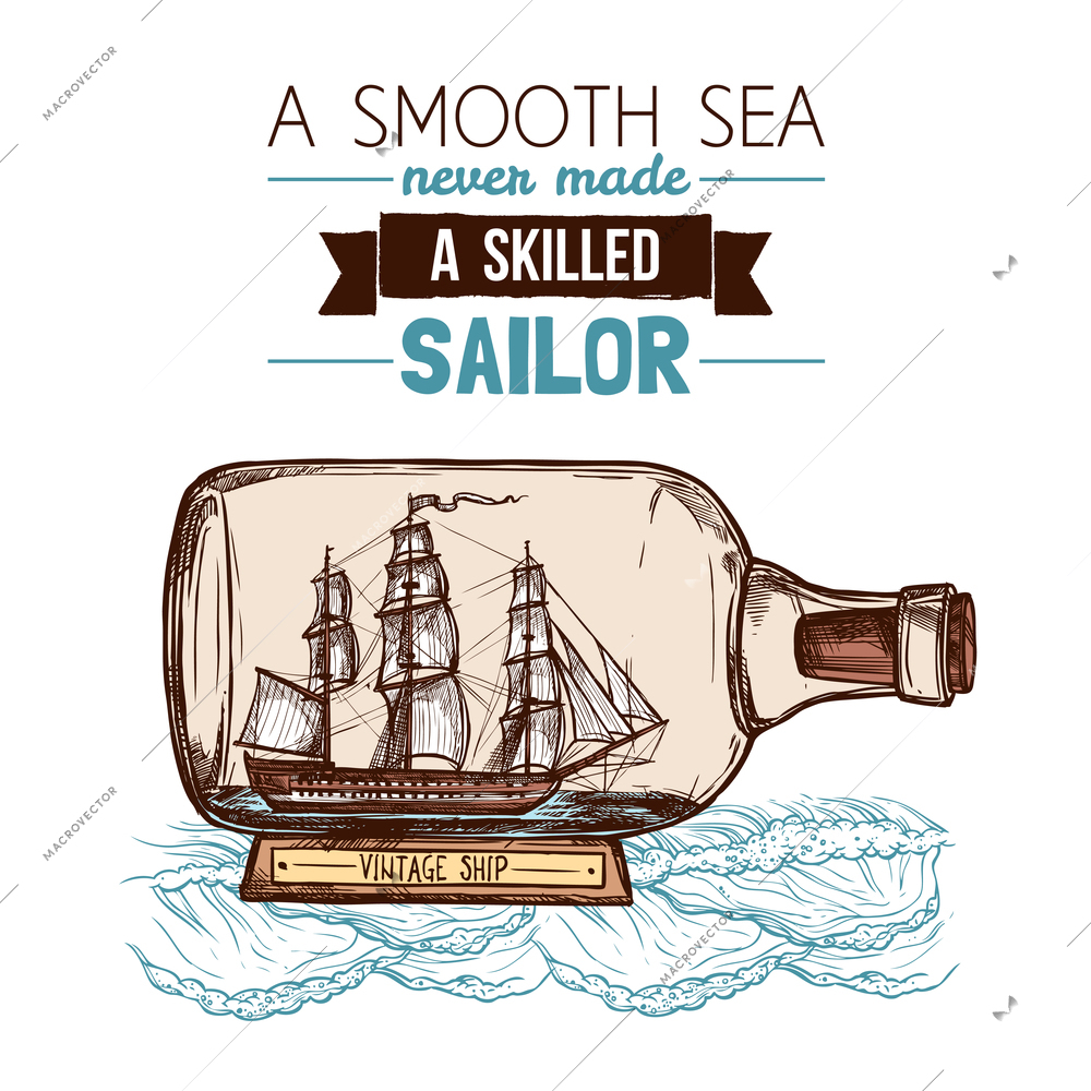 Old vintage sailboat or ship model in glass bottle with text flat color sketch concept vector illustration