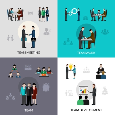 Teamwork design concept set with team meeting and development flat icons isolated vector illustration