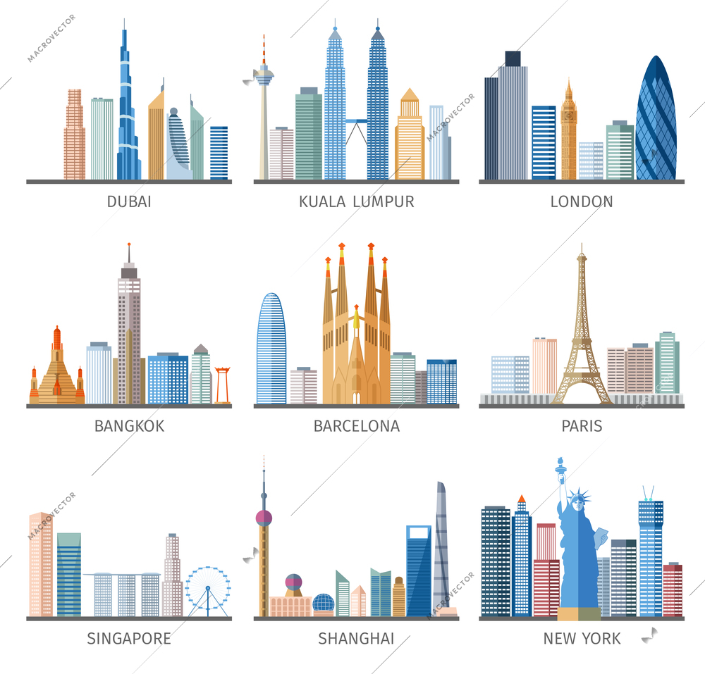 Famous capitals and cities characteristic downtown business center edifice buildings silhouettes day skyline abstract isolated vector illustration