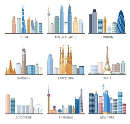 Famous capitals and cities characteristic downtown business center edifice buildings silhouettes day skyline abstract isolated vector illustration