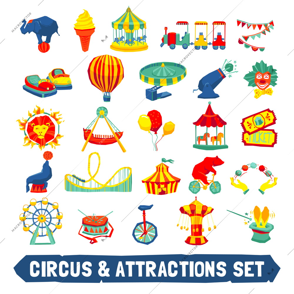 Circus and attraction icons set with animals clown rides symbols flat isolated vector illustration