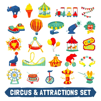 Circus and attraction icons set with animals clown rides symbols flat isolated vector illustration