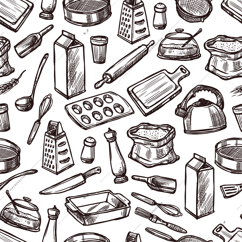 Baking seamless pattern with sketch kitchen equipment and tools vector illustration