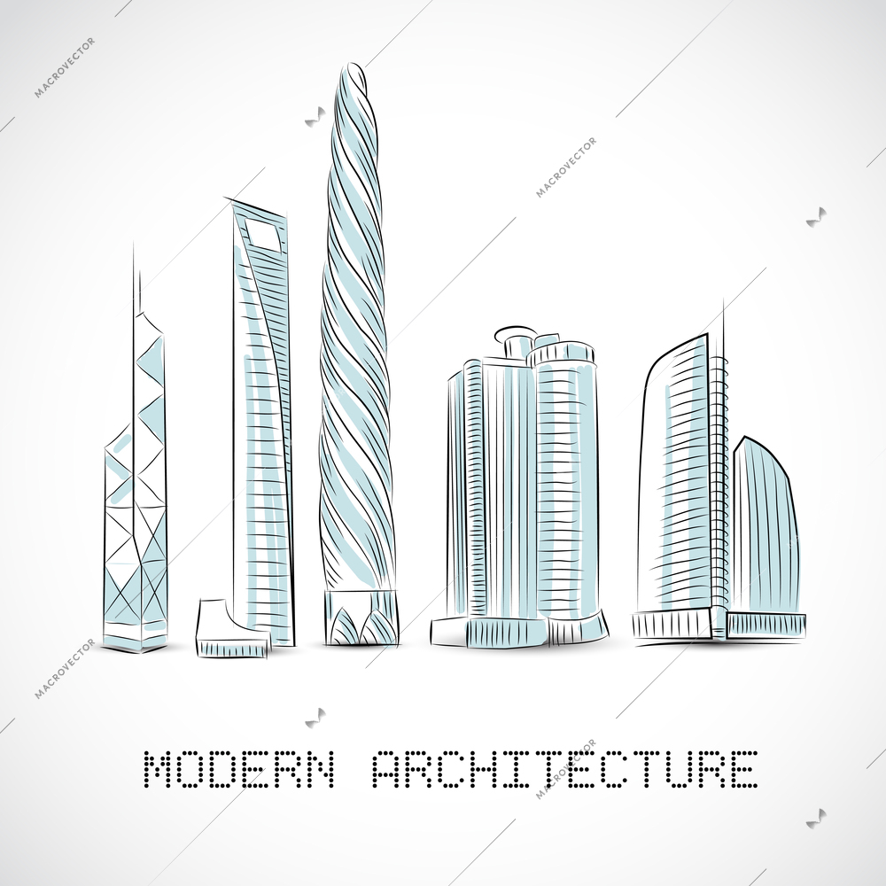 Buildings collection of modern skyscrapers isolated sketch vector illustration