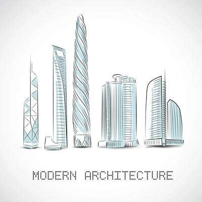 Buildings collection of modern skyscrapers isolated sketch vector illustration