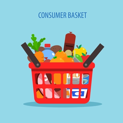 Red plastic shopping basket full of foodstuff concept flat vector illustration