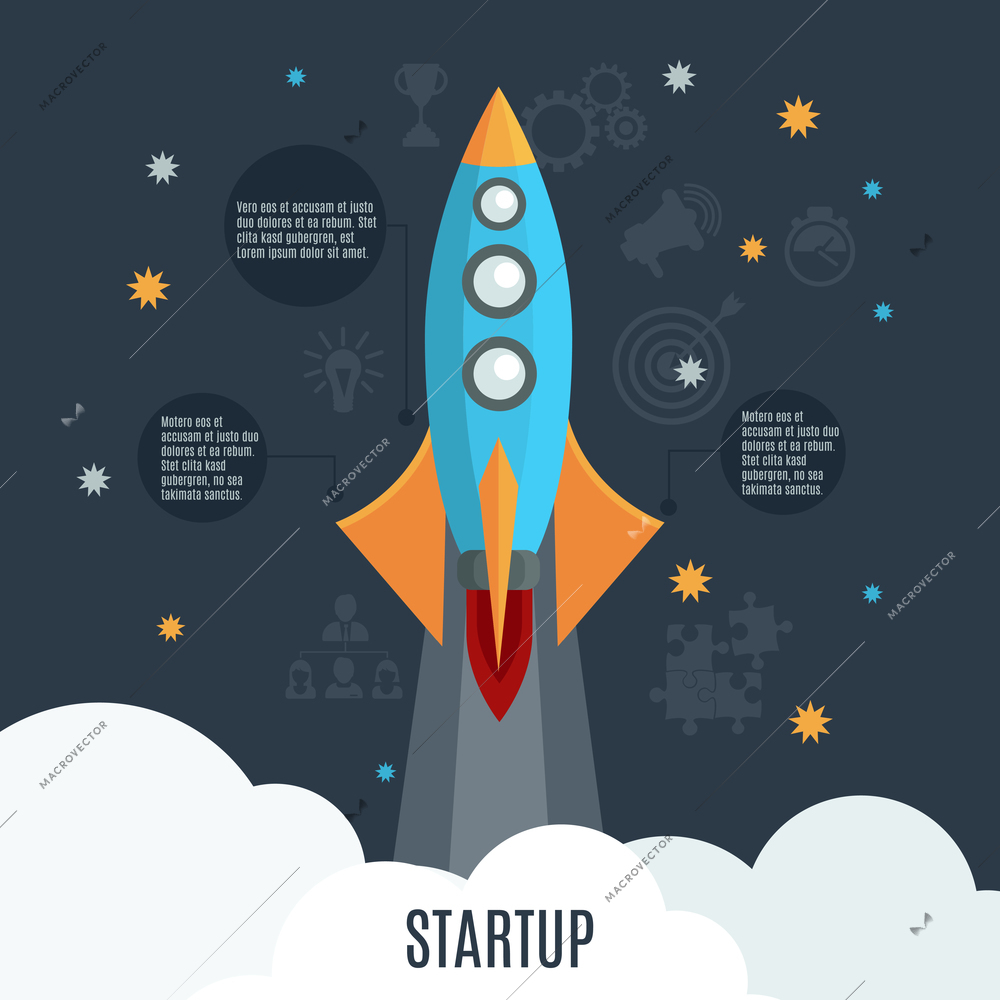 Business startup project launch poster design with retro rocket symbol and informative text circles abstract vector illustration