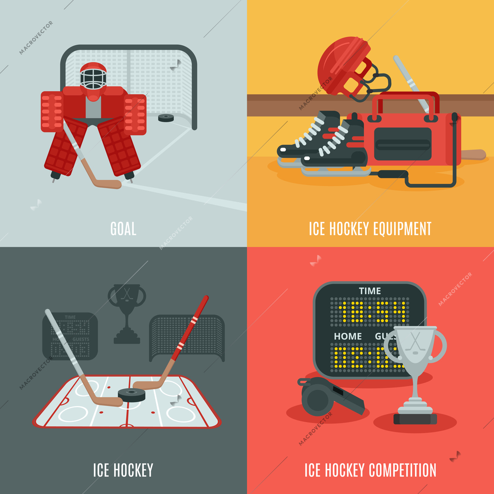 Playing ice hockey icons set with equipment competition and goal flat isolated vector illustration