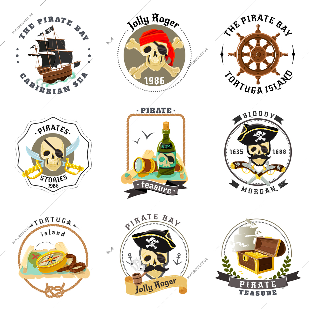 Caribbean sea pirates emblems set with ship helm and tortuga island treasures map abstract isolated vector illustration