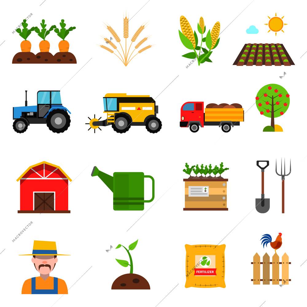 Agriculture flat icons set with farmer and harvest symbols isolated vector illustration