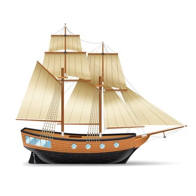 Wooden sailing ship with two masts square and gaff sails realistic vector illustration