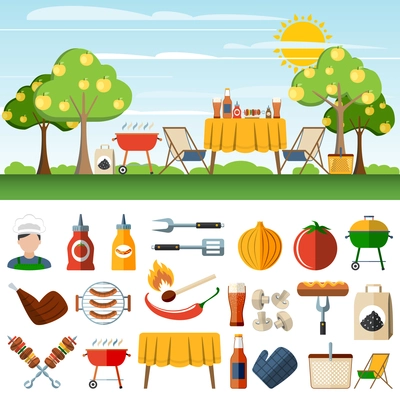 Family barbeque picnic in the countryside horizontal banners set with  bbq accessories pictograms abstract vector isolated  illustration