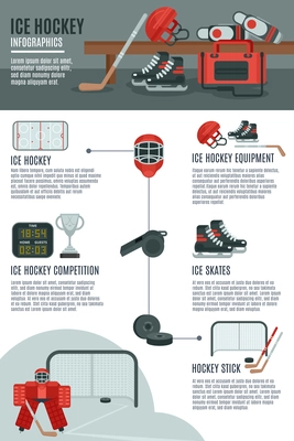 Ice hockey game and competitions concept infographic  banner layout with sport equipment and accessories abstract vector illustration