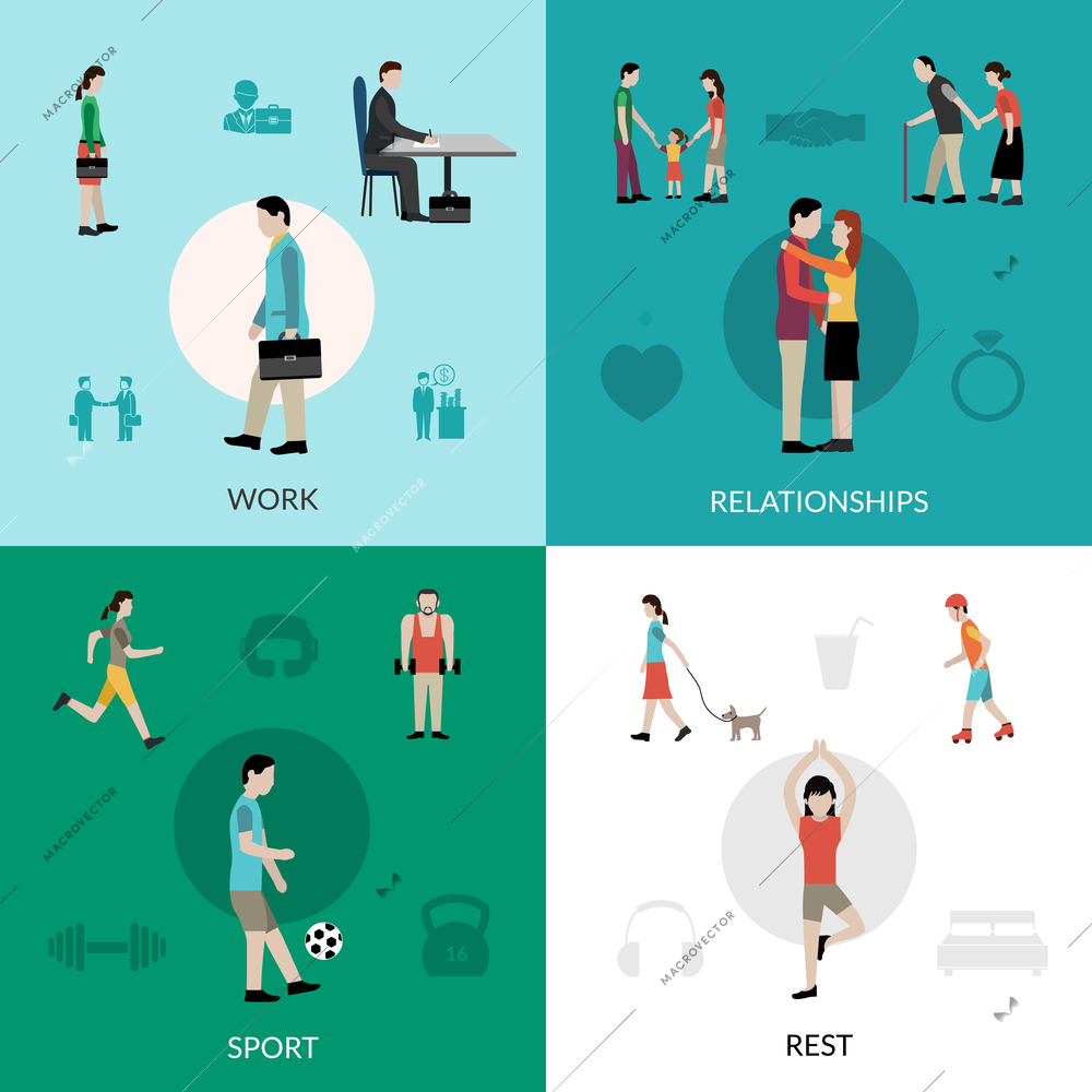 Lifestyle design concept set with work relationship sport and rest icons isolated vector illustration