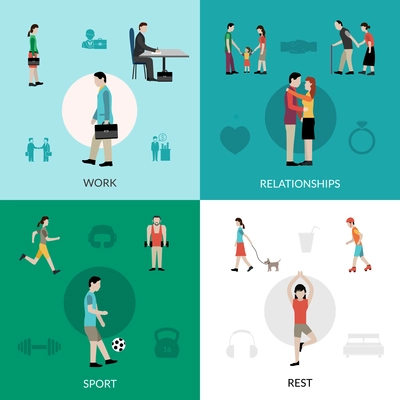 Lifestyle design concept set with work relationship sport and rest icons isolated vector illustration