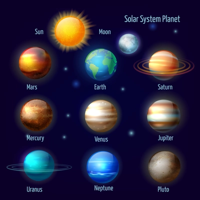 Solar system 8 planets and pluto with sun pictograms set  astronomical colorful poster abstract vector isolated illustration. Editable EPS and Render in JPG format