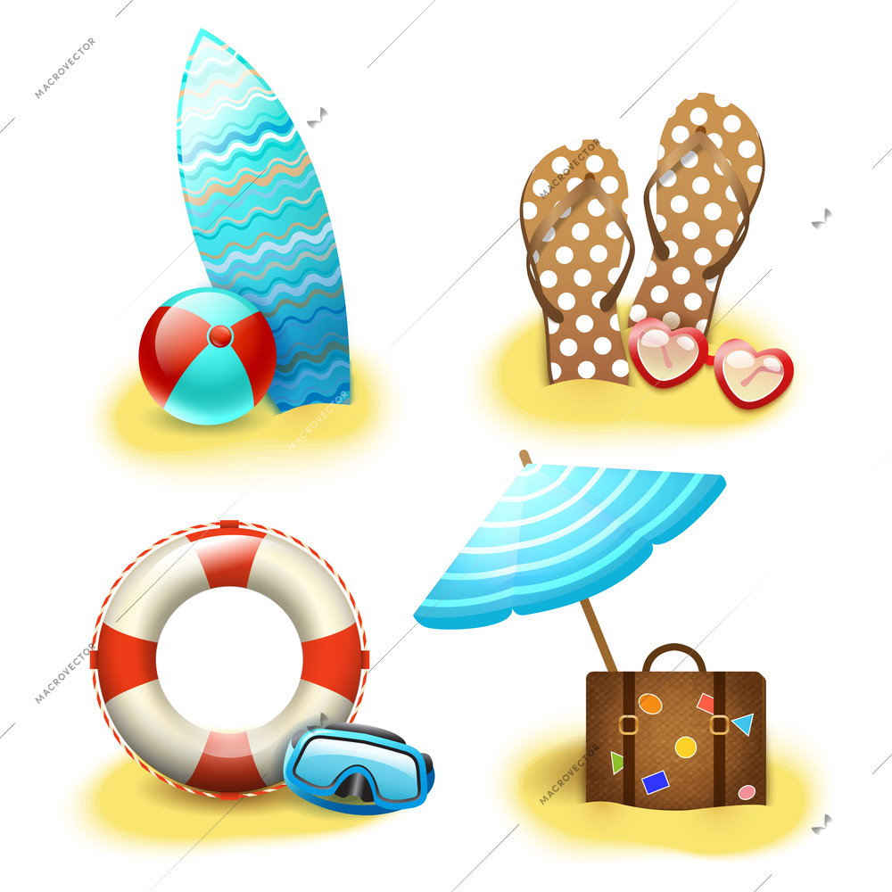 Summer holiday vacation accessories collection of sandals suitcase parasol and surfboard isolated vector illustration