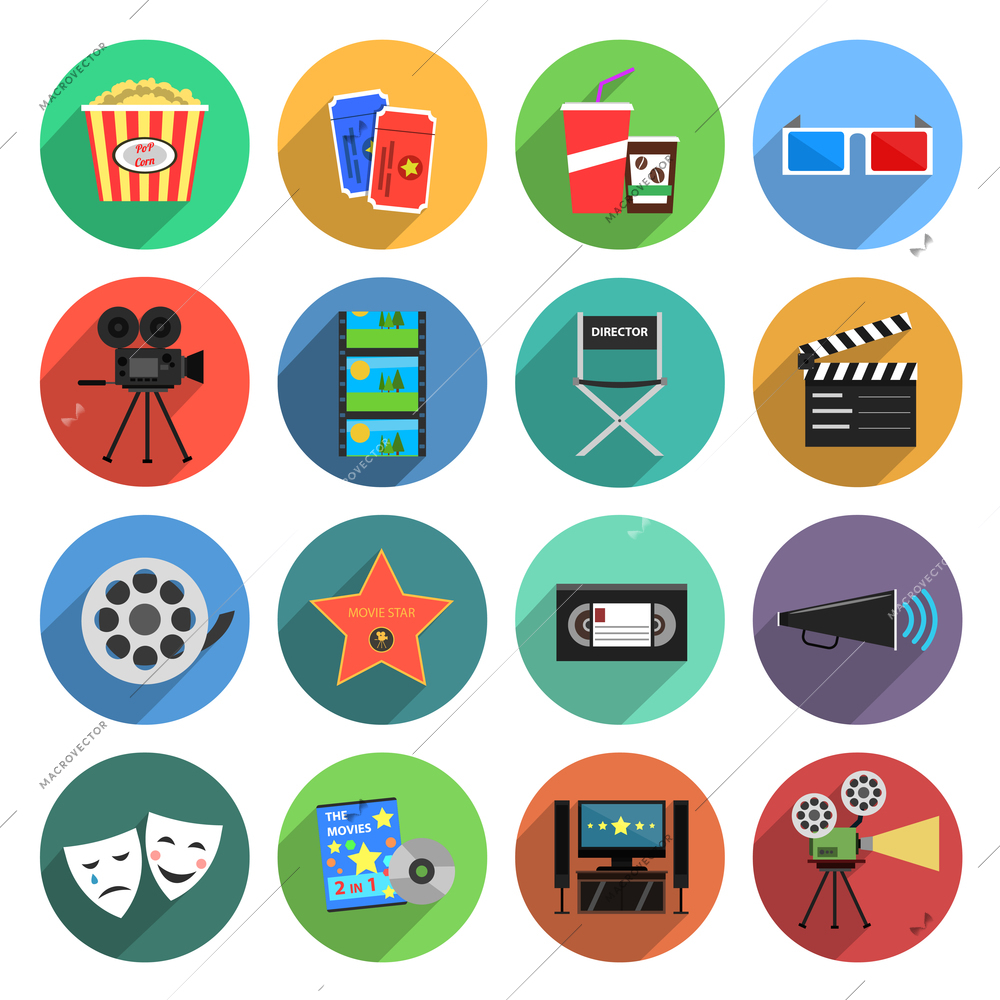 Movie and film industry icons flat set with megaphone 3d glasses tickets isolated vector illustration