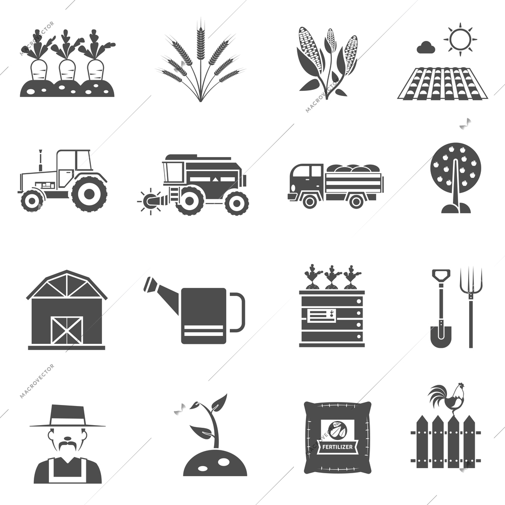 Agriculture farm and garden black icons set isolated vector illustration