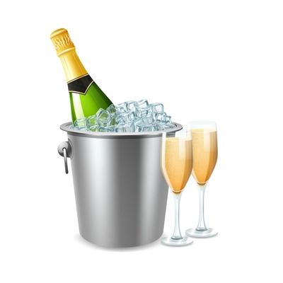 Champagne bottle in ice bucket and two full glasses realistic vector illustration