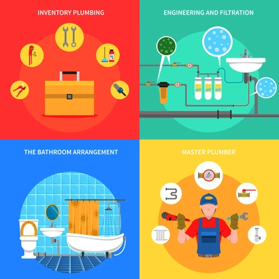 Plumbing design concept set with master plumber flat icons isolated vector illustration