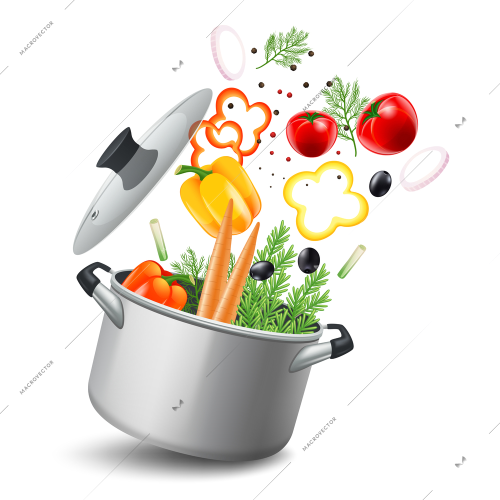 Casserole pot with vegetables such as carrots tomatoes and peppers realistic vector illustration