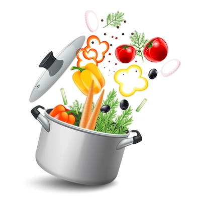 Casserole pot with vegetables such as carrots tomatoes and peppers realistic vector illustration