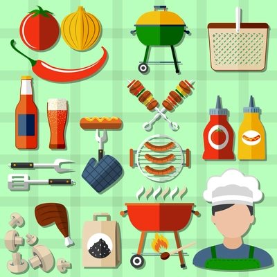 Barbecue and picnic icons set with sausages vegetables and beer on green background flat isolated vector illustration