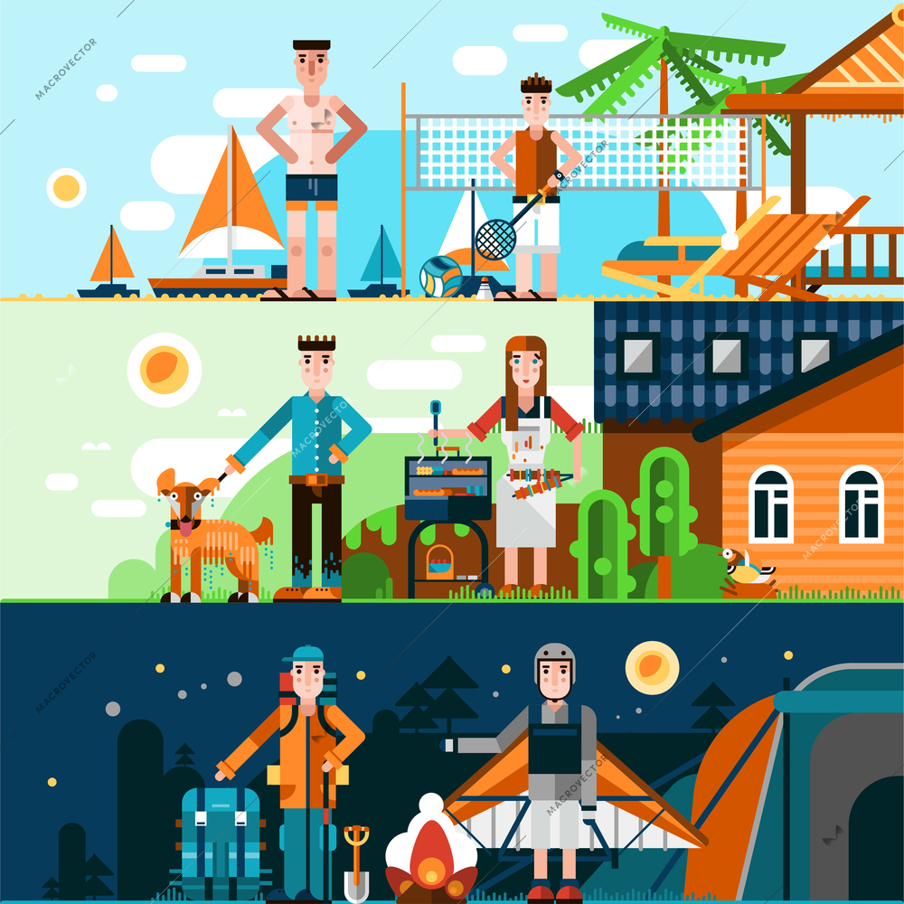 Summer rest horizontal banners set with people outdoors activities isolated vector illustration