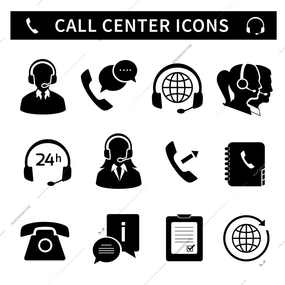 Call center service icons set of customer care phone assistance and headset isolated vector illustration