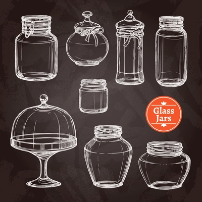 Big glass jar set hand drawn on chalkboard isolated vector illustration