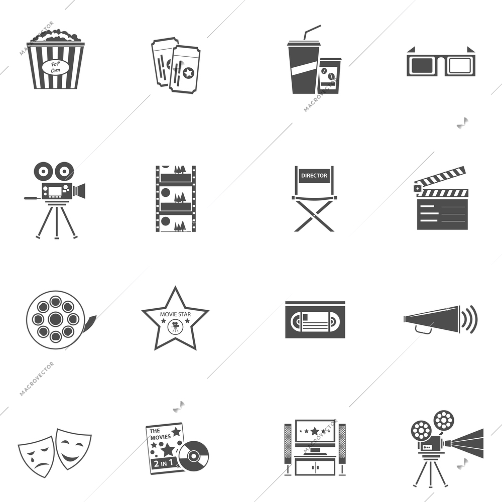 Movie icons black set with filmstrip tv and popcorn isolated vector illustration