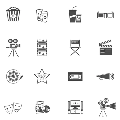 Movie icons black set with filmstrip tv and popcorn isolated vector illustration