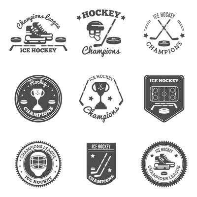 Ice hockey black white labels set with champions league and cup flat isolated vector illustration
