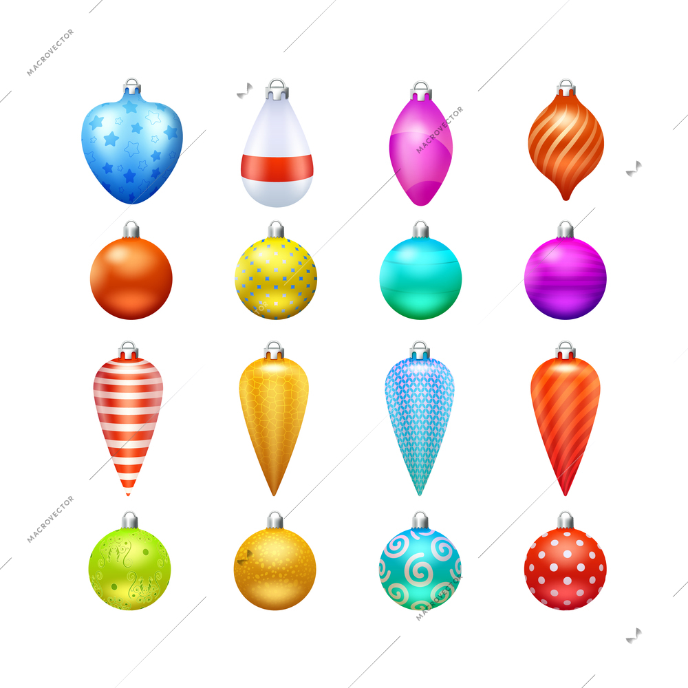 Christmas toys and decorations in different shapes and colors realistic icons set isolated vector illustration