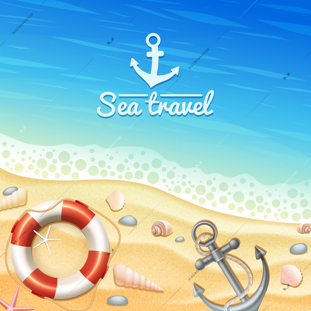 Marine and sea travel realistic background with seashells anchor and beach vector illustration